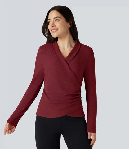 Ribbed Knit V-neck Crossover Long Sleeve Work Top