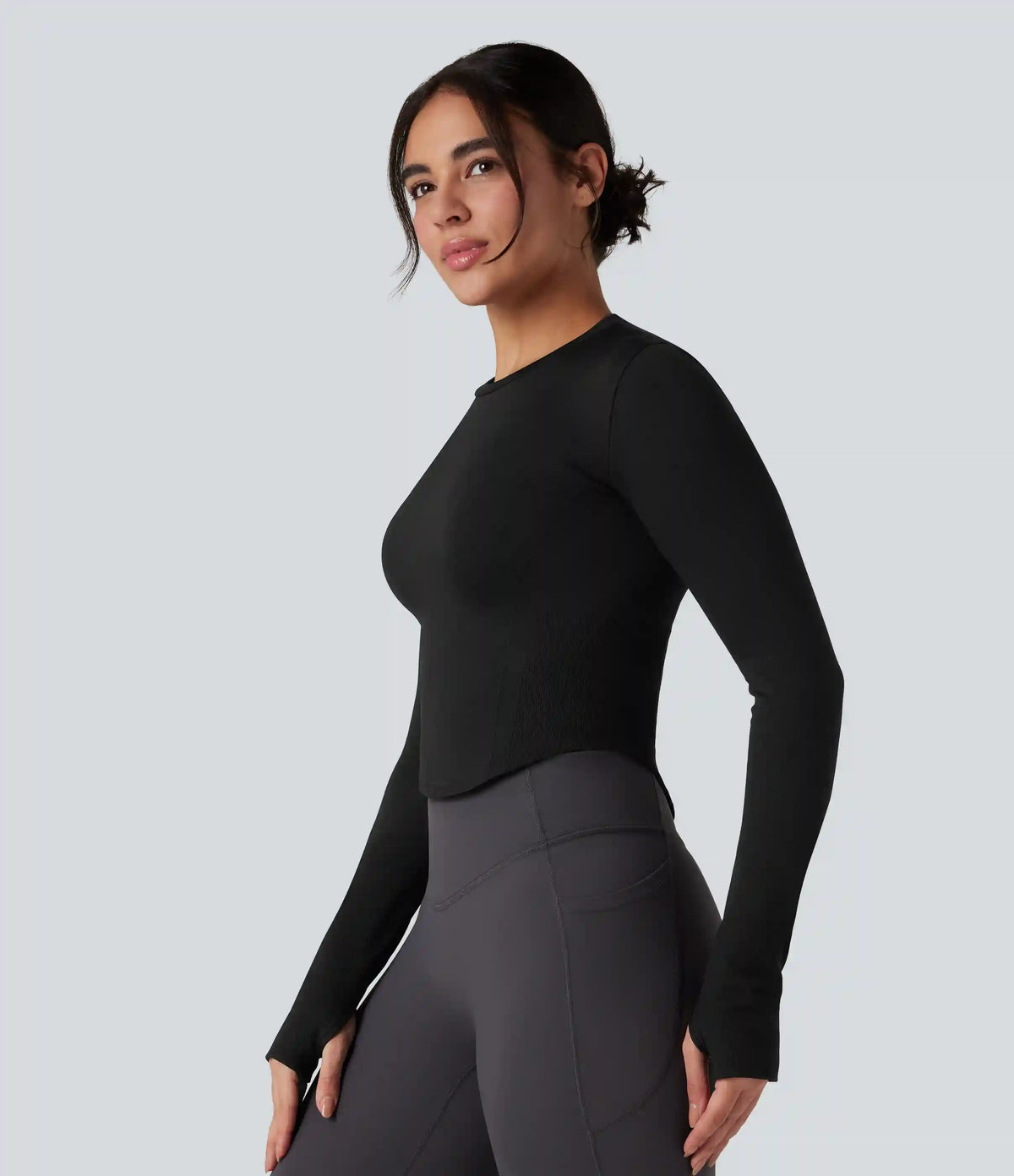 OneForm Seamless Flow Round Neck Long Sleeve Thumb Hole Curved Hem Yoga Sports Top