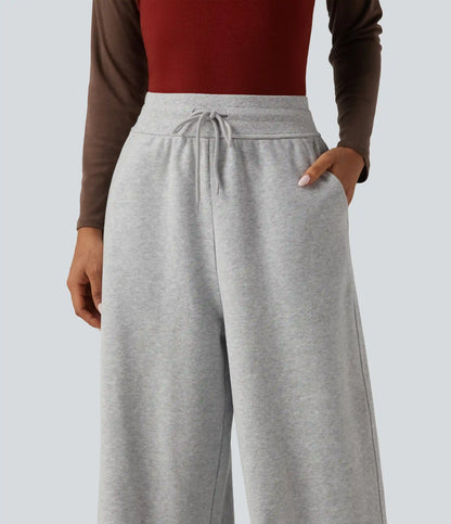 High Waisted Drawstring Wide Leg Fleece Cotton Casual Sweatpants with Pockets