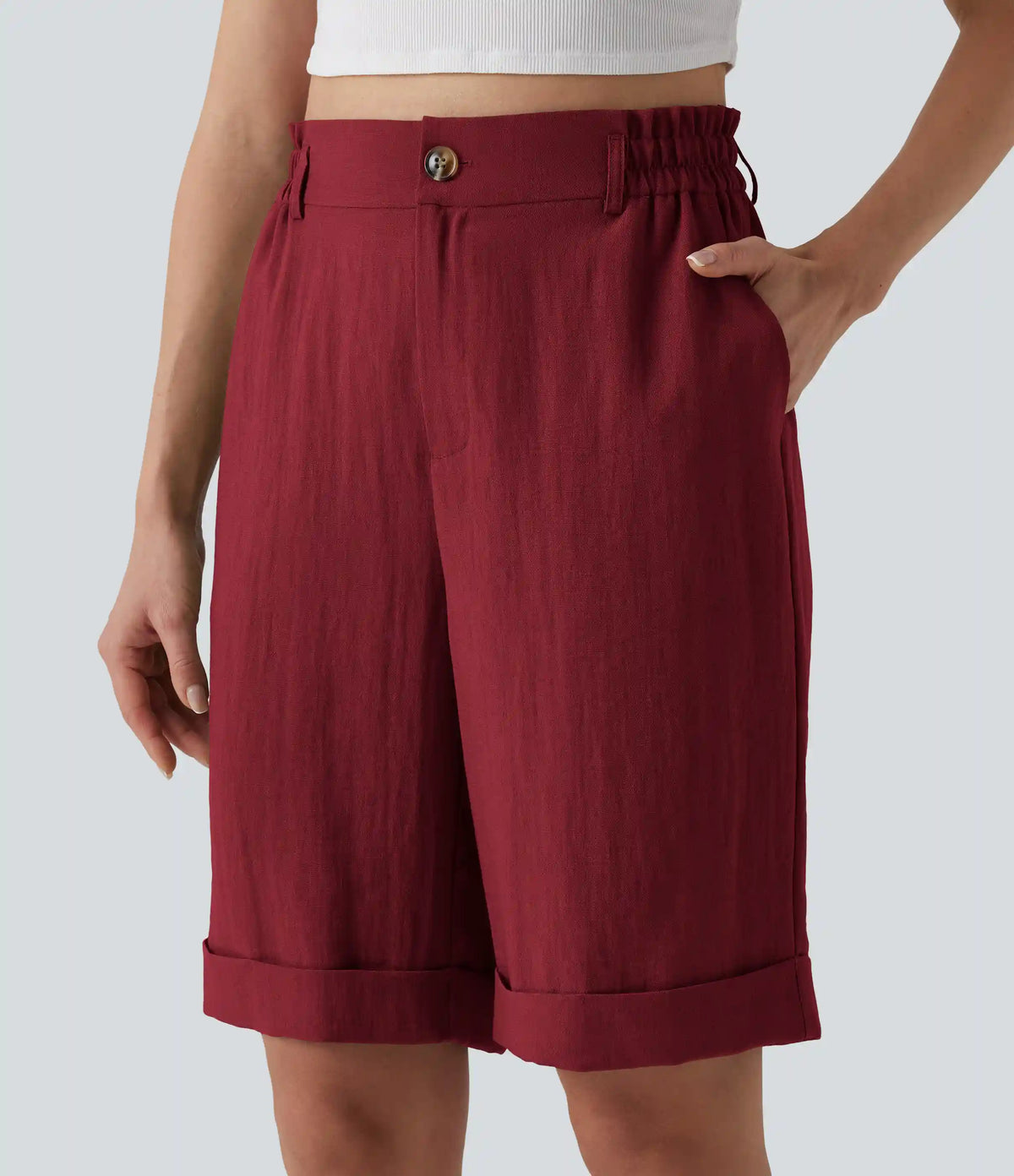 High Waisted Rolled Hem Linen-Feel Resort Bermuda Shorts 10'' with Pockets