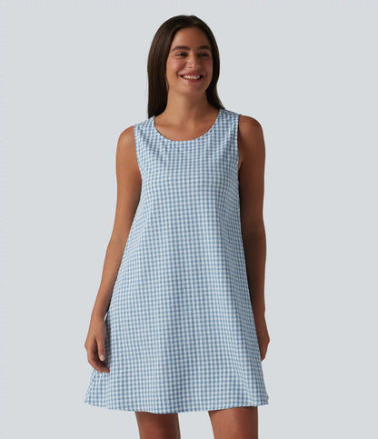 Round Neck Sleeveless Mini Crinkle Gingham Casual Tank Dress with Pockets