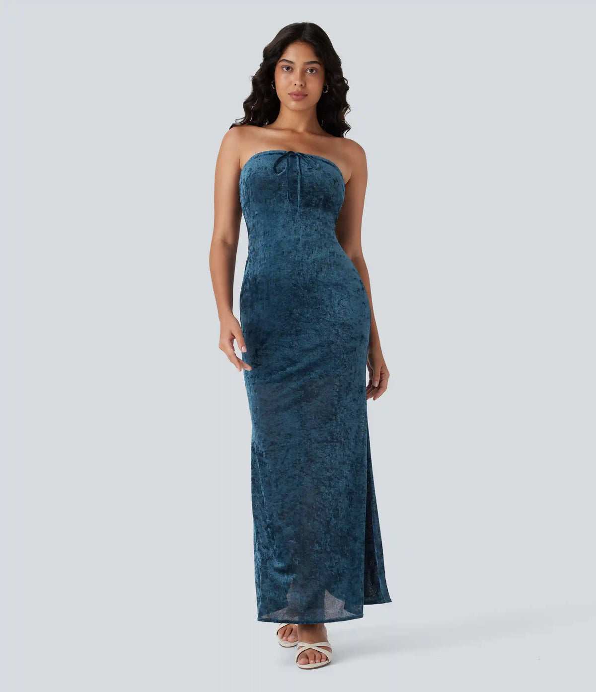 Tube Tie Front Bodycon Mermaid Velvet Mesh Maxi Dress