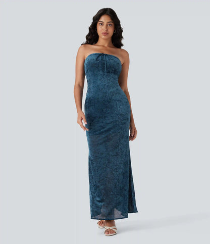 Tube Tie Front Bodycon Mermaid Velvet Mesh Maxi Dress
