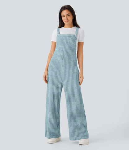 Ribbed Knit Pockets Casual Overalls