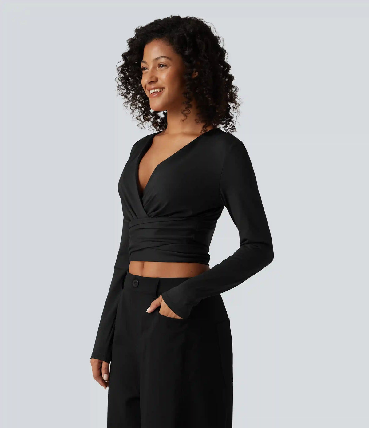 V Neck Long Sleeve Lace Up Work Top