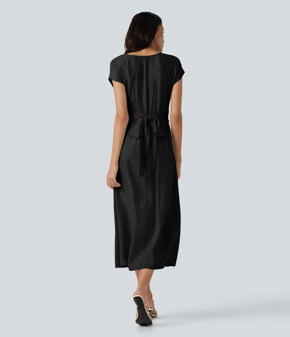 V Neck Short Sleeve Tie Back Midi Casual Linen-Blend Flowy Dress with Pockets