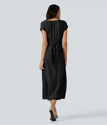 V Neck Short Sleeve Tie Back Midi Casual Linen-Blend Flowy Dress with Pockets