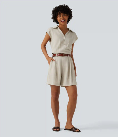 High Waisted Casual Linen-Feel Shorts with Pockets