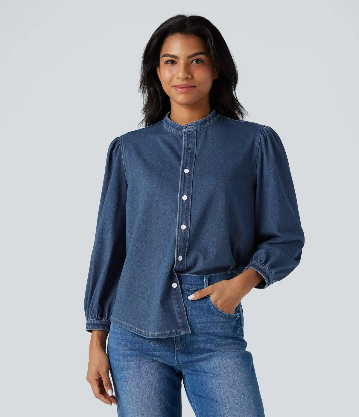 Halara Flex™ Stand Collar Puff 3/4 Sleeve Denim Casual Shirt