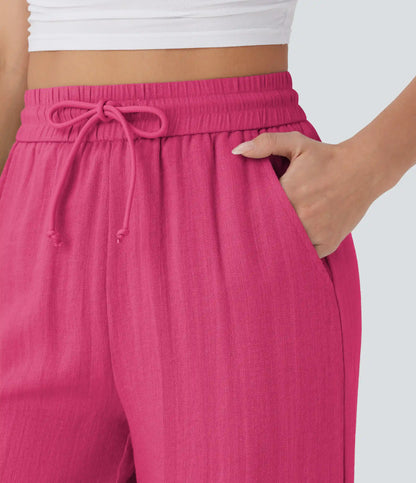 High Waisted Drawstring Pocket Wide Leg Baggy Casual Linen-Feel Pants