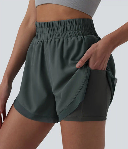 High Waisted Contrast Mesh 2-in-1 Running Shorts with Pockets