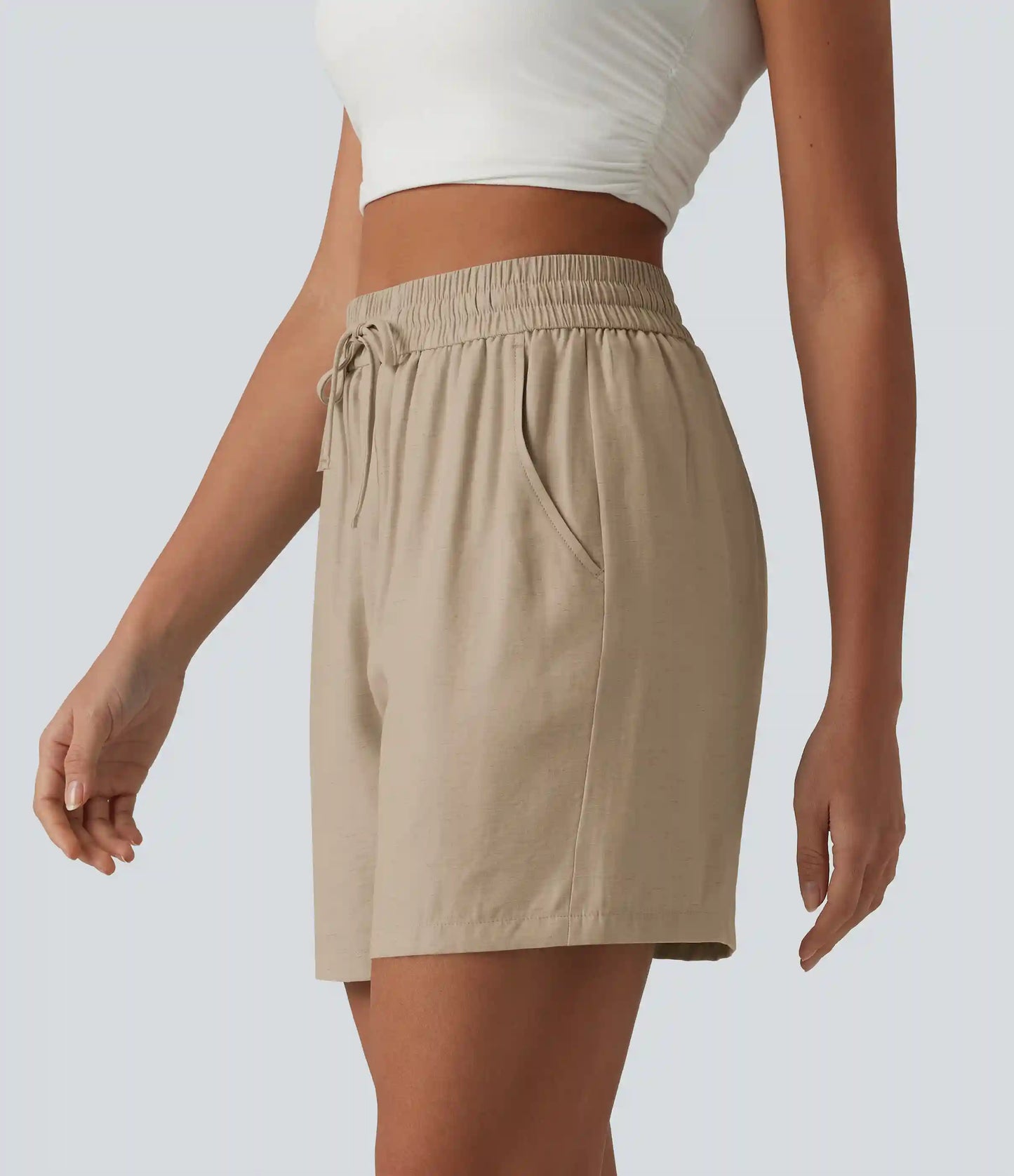 High Waisted Drawstring Casual Linen-Blend Baggy Shorts 5'' with Pockets