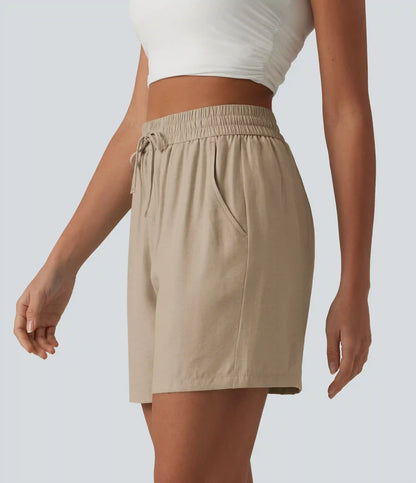 High Waisted Drawstring Casual Linen-Blend Baggy Shorts 5'' with Pockets