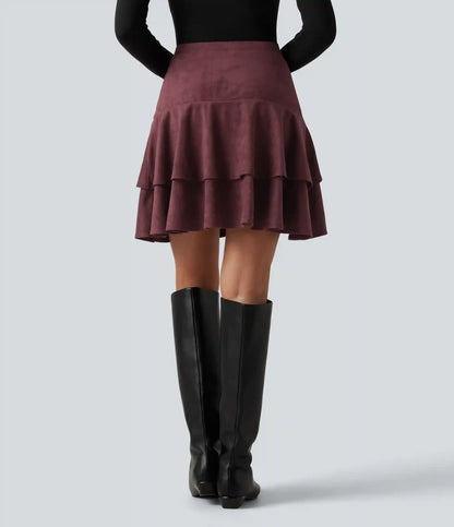High Waisted Tiered Ruffle Hem 2-in-1 Longer Mini Suede Casual Skirt with Pocket