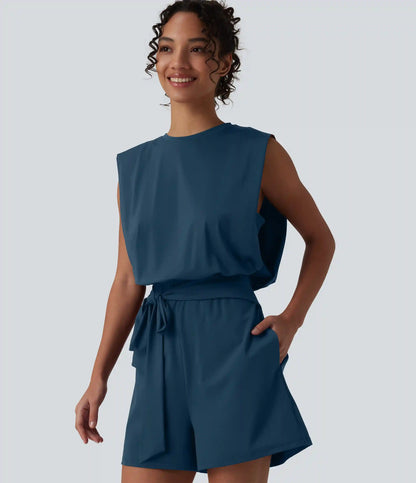 Round Neck Sleeveless Tie-front Cool Touch Casual Romper with Pockets-Easy Peezy-UPF50+