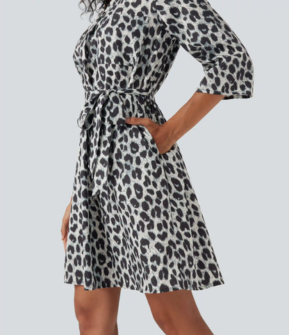Roll Up Sleeve Belted Leopard Print Casual Shirt Dress with Pockets