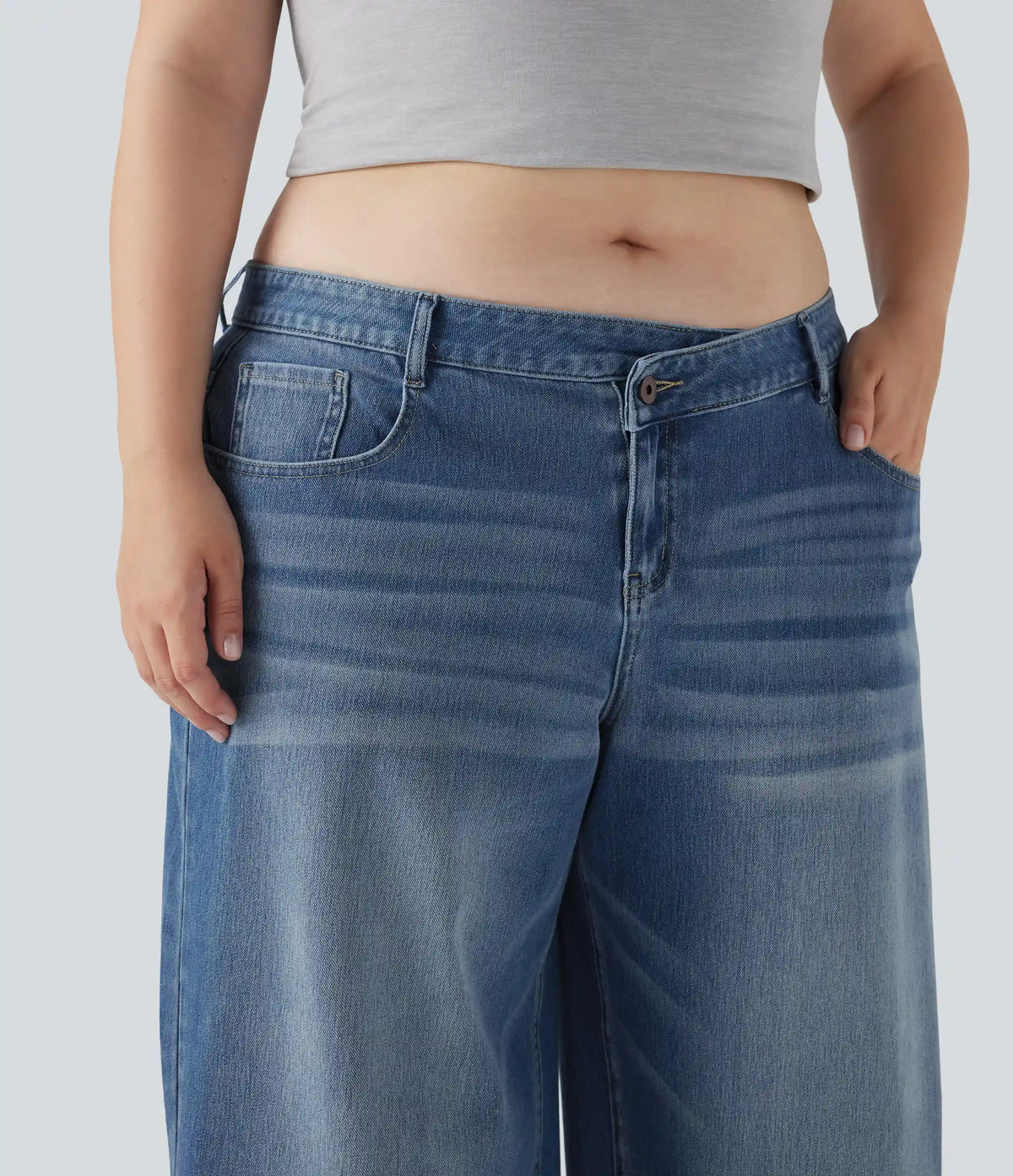 Plus Size Halara Flex™ Asymmetric Low Rise Wide Leg Washed Casual Jeans with Pockets