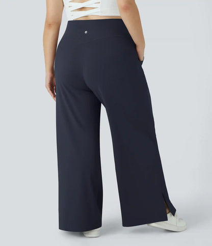 DayStretch Crossover Pocket Hem Plus Size Wide Leg Yoga Pants-Smile