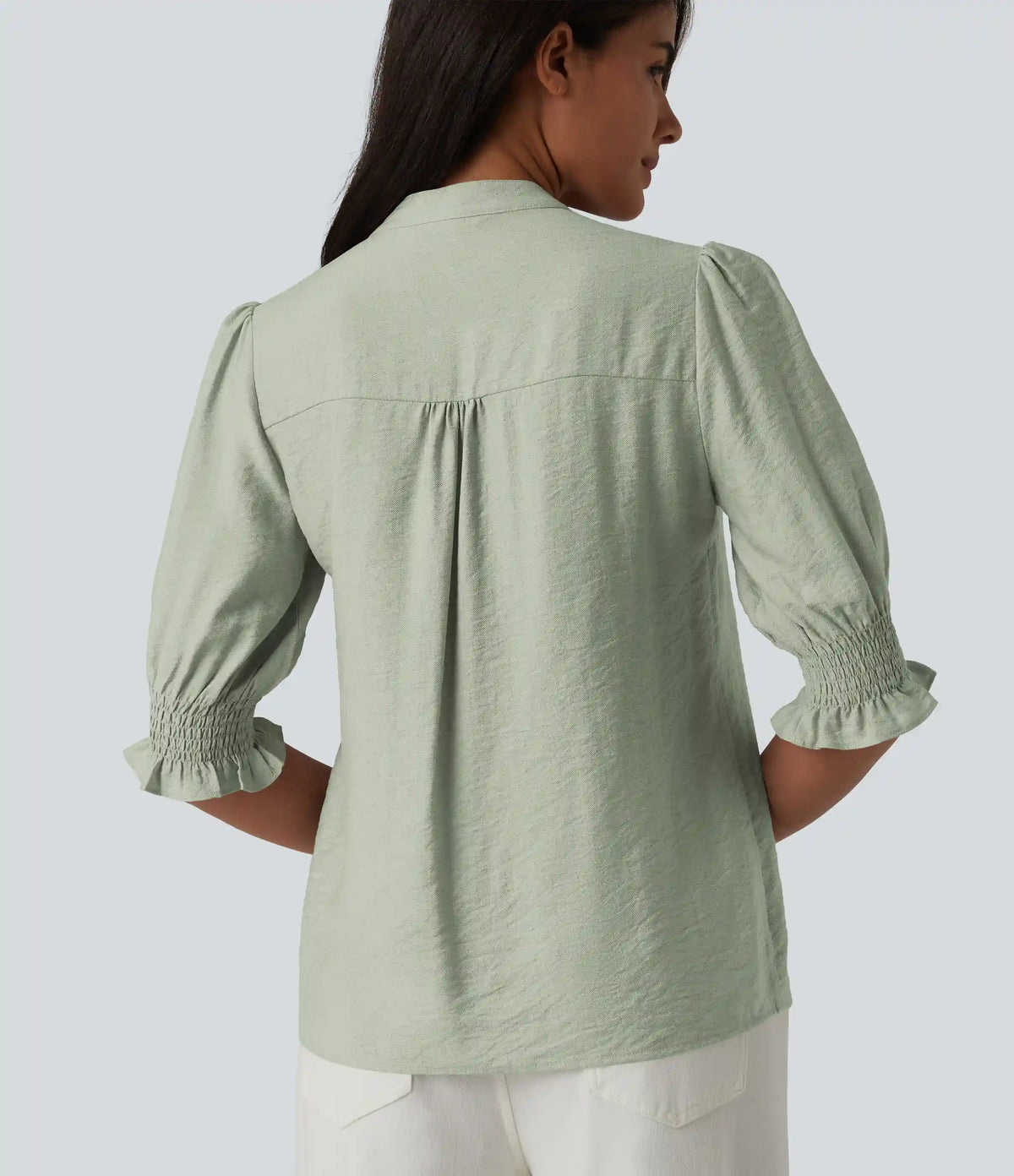 V Neck Puff Short Sleeve Casual Blouse