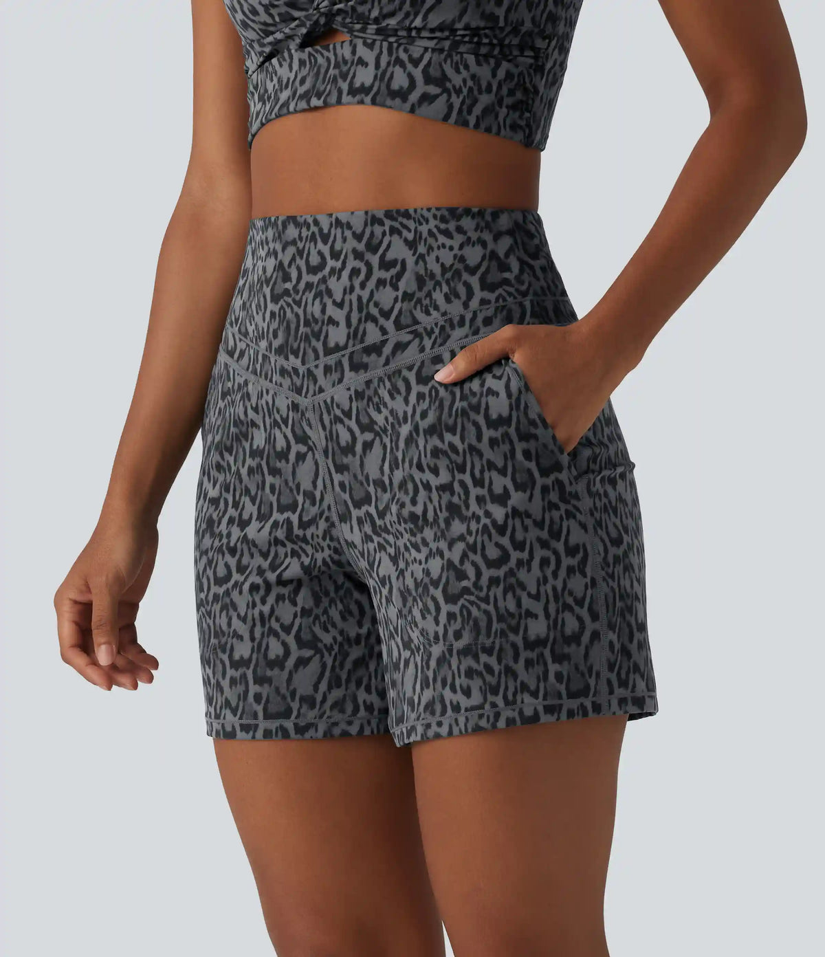 Halara UltraSculpt™ Leopard Print High Waisted Tummy Control Straight Leg Yoga Shorts 5'' with Pockets