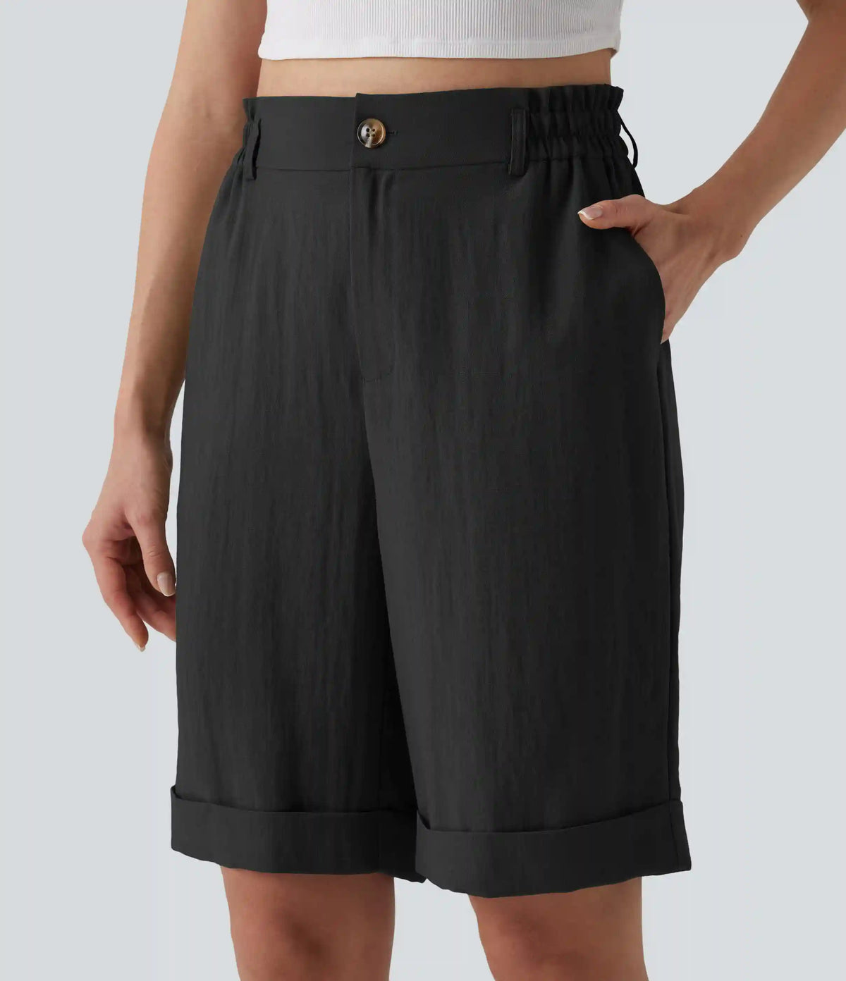 High Waisted Rolled Hem Linen-Feel Resort Bermuda Shorts 10'' with Pockets