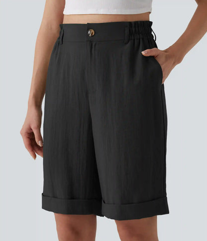 High Waisted Rolled Hem Linen-Feel Resort Bermuda Shorts 10'' with Pockets