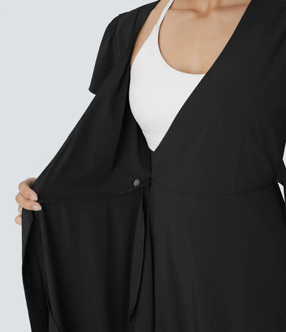 Breezeful™ V Neck Short Sleeve Wrapped Tie Pocket Ruffle Flowy Quick Dry Midi Casual Dress