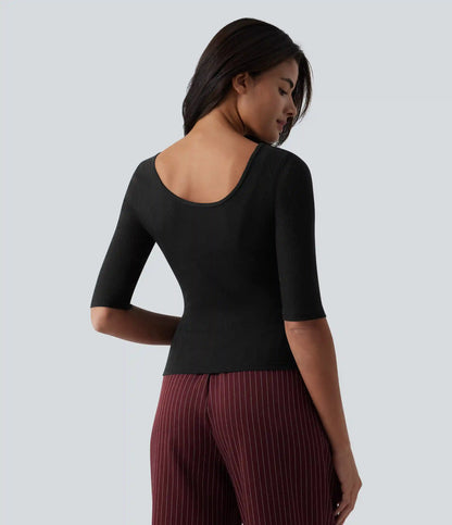 Ribbed Knit Scoop Neck Half Sleeve Work Wool-Blend Top
