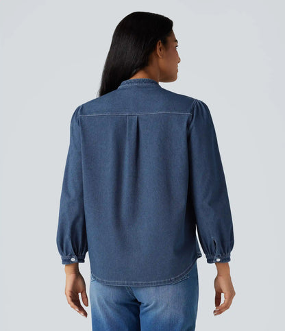 Halara Flex™ Stand Collar Puff 3/4 Sleeve Denim Casual Shirt