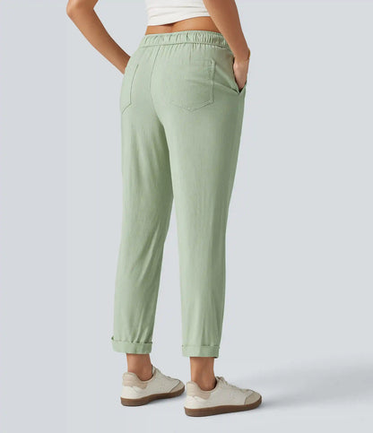 Mid Rise Drawstring Casual Stretch Linen Slim Pants with Pockets
