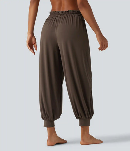 Mid Rise Drawstring Ruched Wrapped Yoga Joggers with Pockets