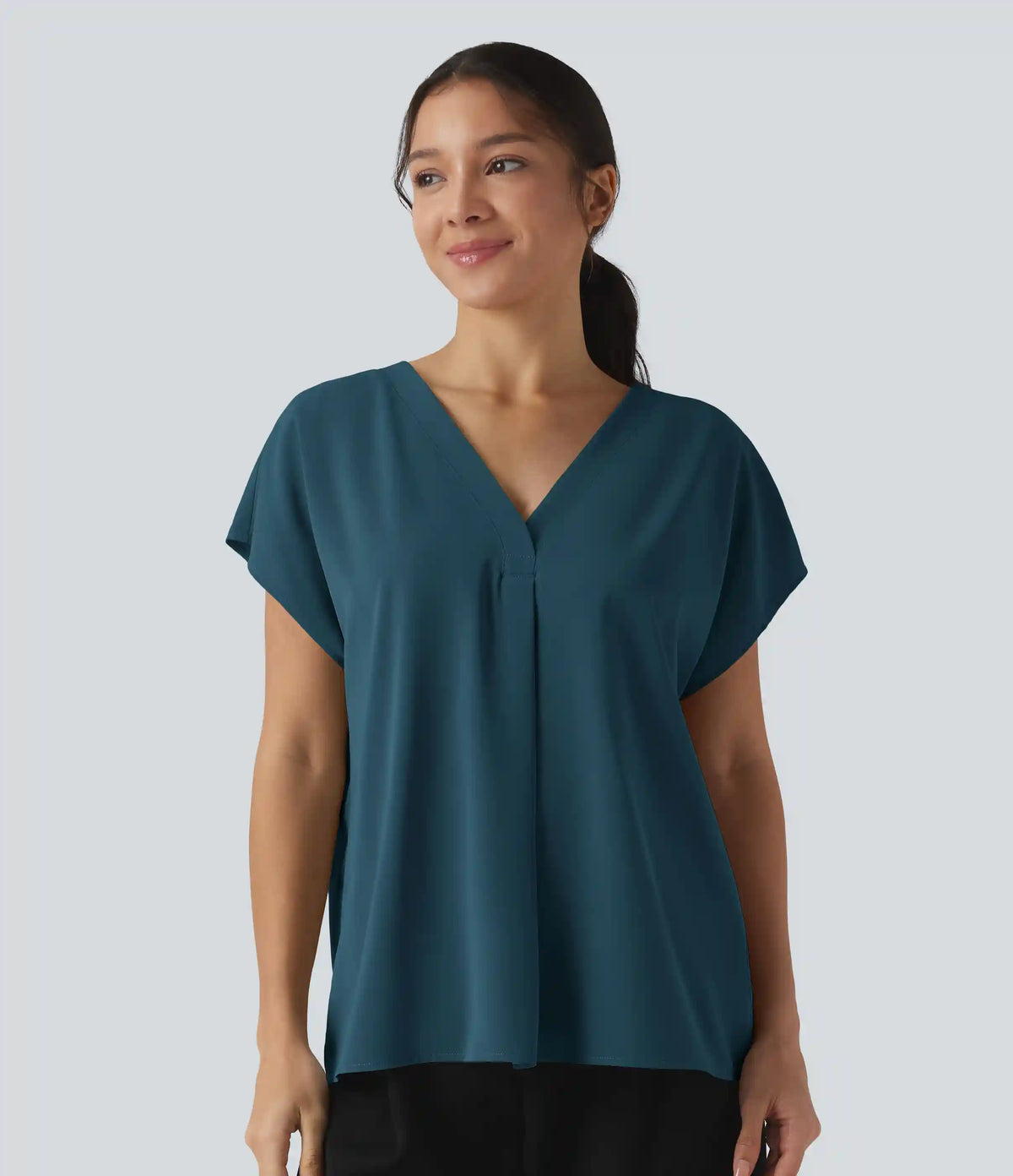 Wrinkle Recovery V-neck Short Sleeve Oversized Work Blouse