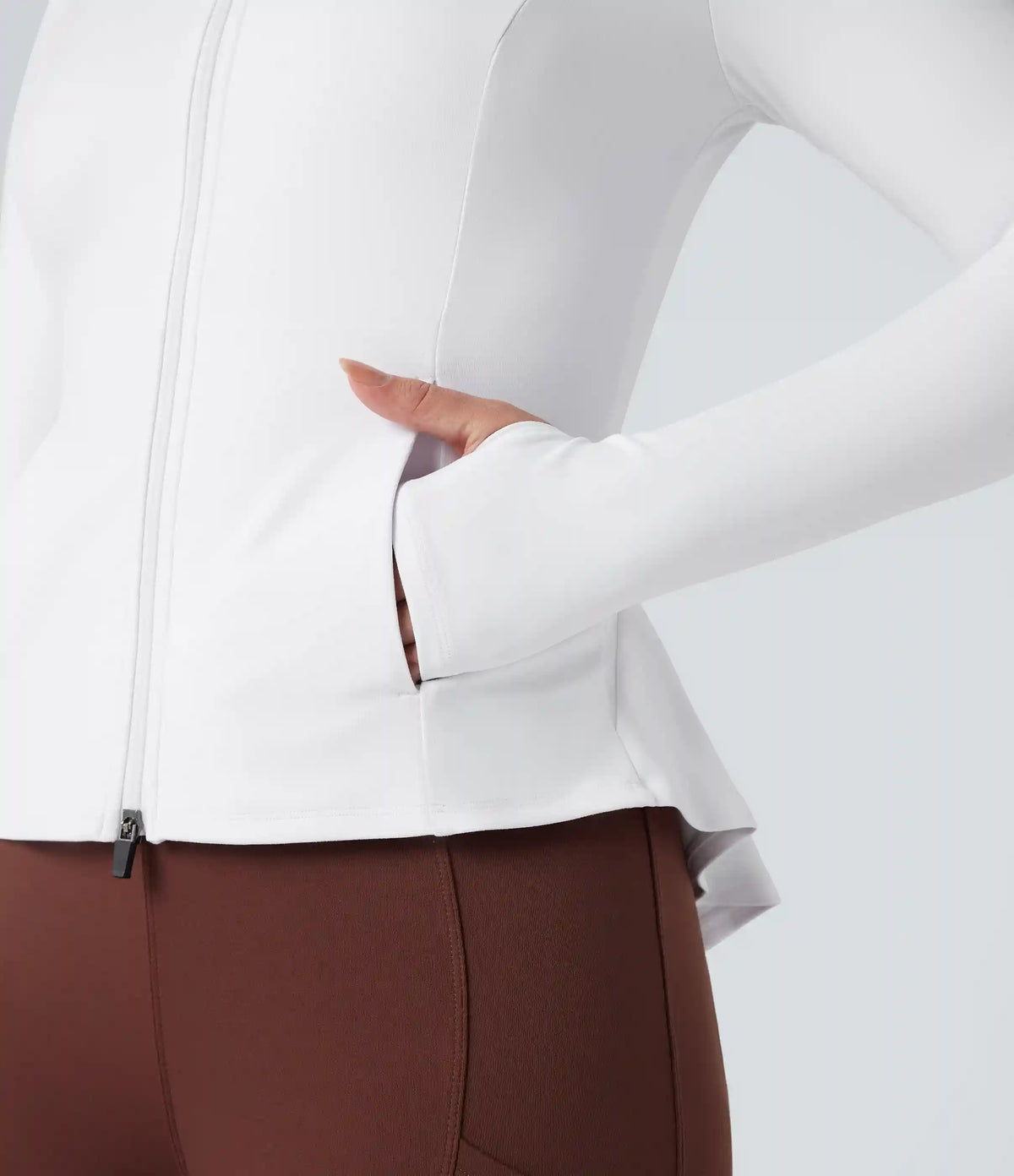 DayStretch Stand Collar Zipper Thumb Hole Ruffle Hem Slim Jacket with Pockets