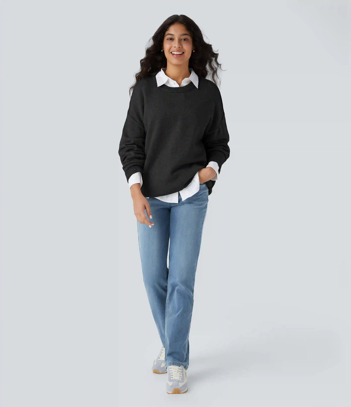 Round Neck Dropped Shoulder Long Sleeve Casual Sweater
