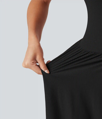 Ribbed Henley Neck Built-in Bra 2-in-1 Mini Tennis Active Tank Dress with Pockets-Easy Peezy Edition