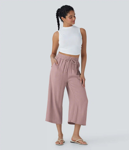 High Waisted Drawstring Wide Leg Cropped Casual Linen-Feel Pants with Pockets