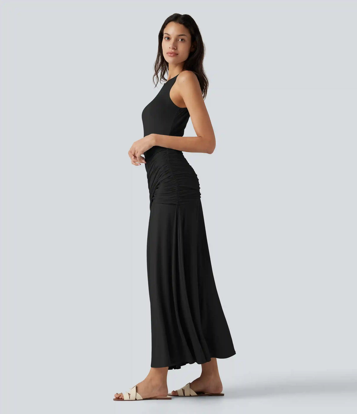 Round Neck Sleeveless Ruched Crossover Waist Maxi Casual Flowy Dress