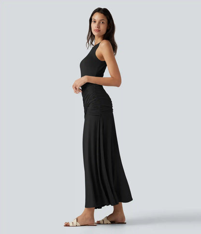 Round Neck Sleeveless Ruched Crossover Waist Maxi Casual Flowy Dress
