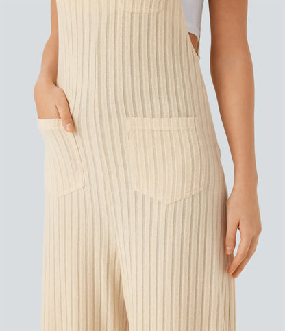 Ribbed Knit Pockets Casual Overalls