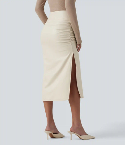 High Waisted Tummy Control Ruched Curved Hem 2-in-1 Fleece PU Midi Casual Skirt