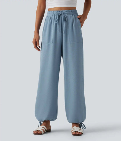 High Waisted Drawstring Wide Leg Casual Linen-Feel Joggers with Pockets