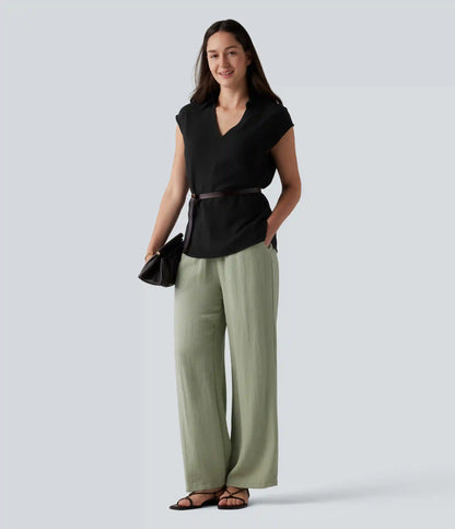 V-neck Sleeveless Split Hem Work Linen-Blend Blouse