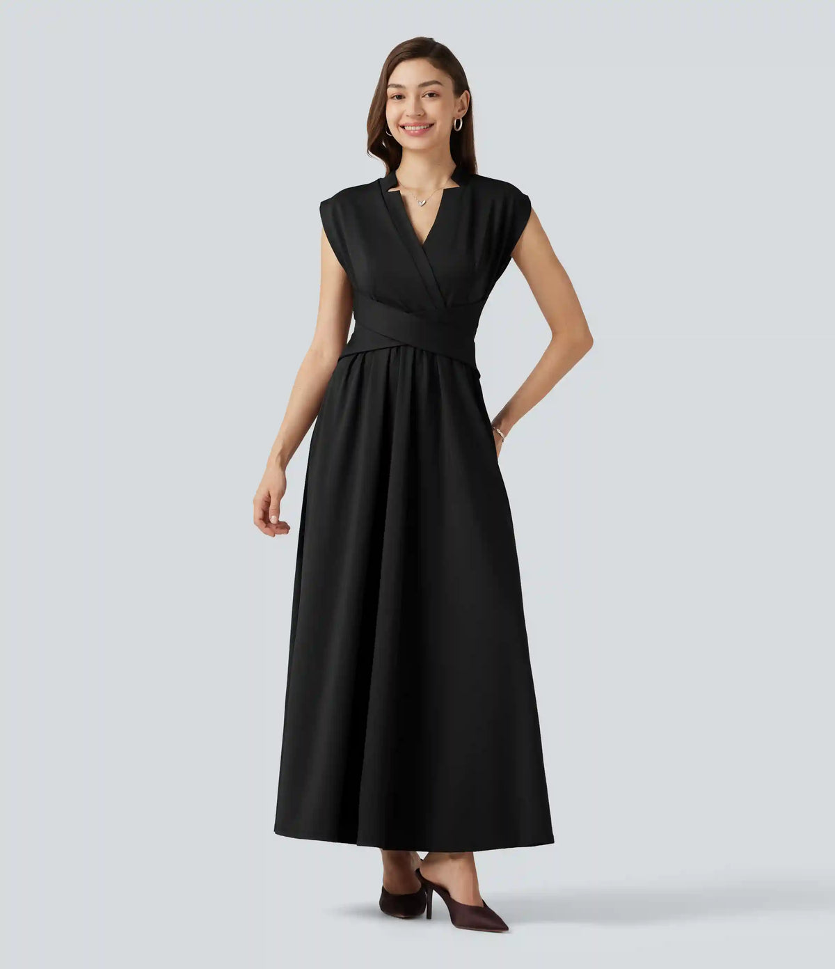 V Neck Sleeveless Flowy Midi Work Dress with Pockets