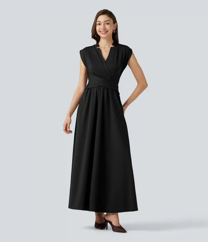 V Neck Sleeveless Flowy Midi Work Dress with Pockets