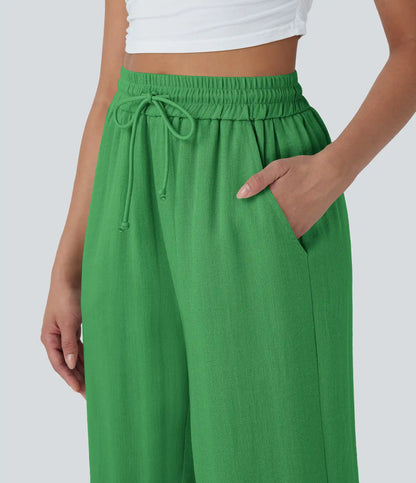 High Waisted Drawstring Wide Leg Cropped Casual Linen-Feel Pants with Pockets
