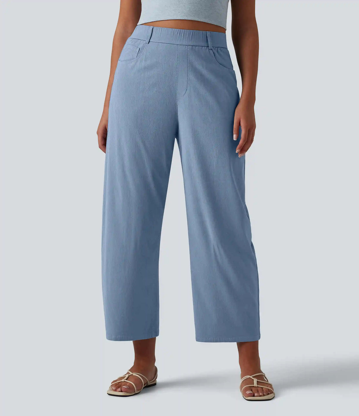 High Waisted Barrel Leg Casual Stretch Linen Pants with Pockets