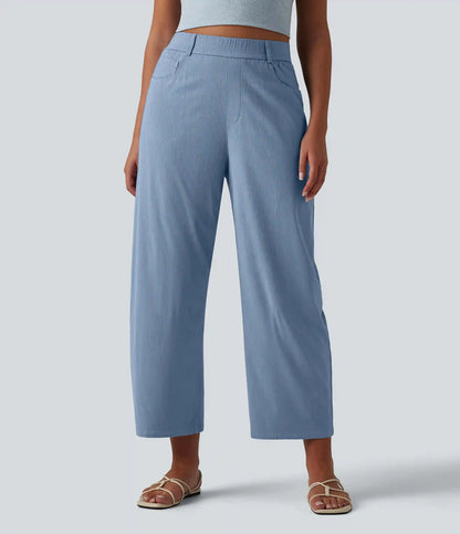High Waisted Barrel Leg Casual Stretch Linen Pants with Pockets