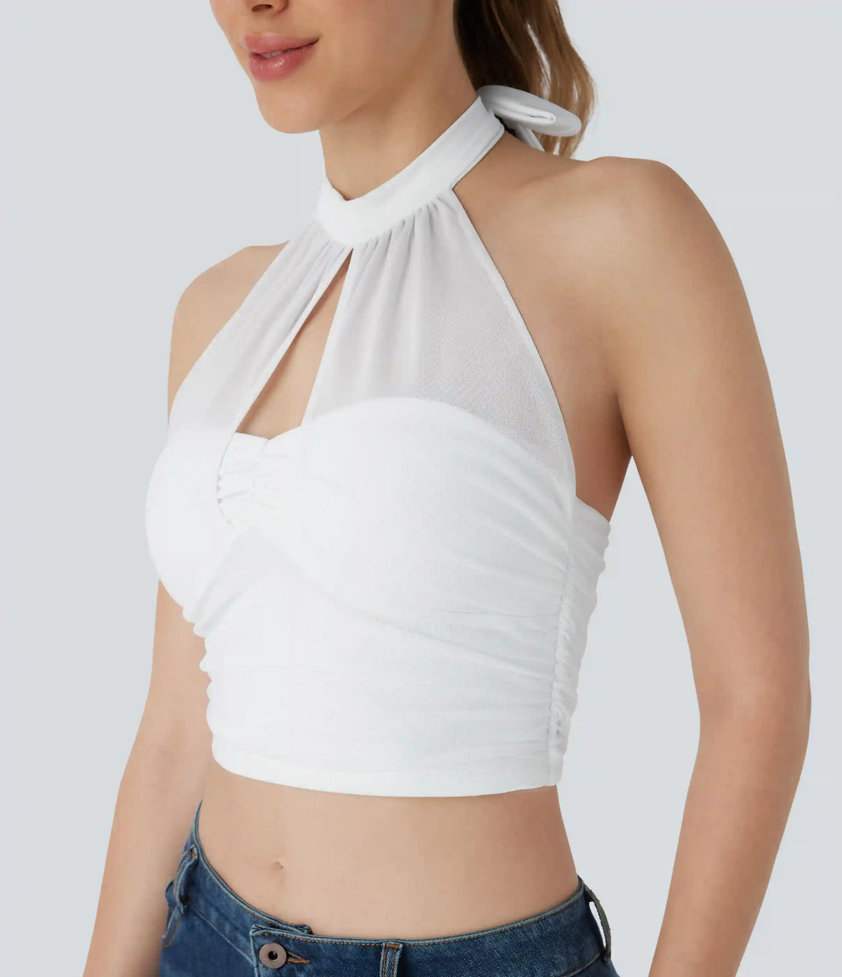 Halter Tie Back Cut Out Contrast Mesh Cropped Casual Top