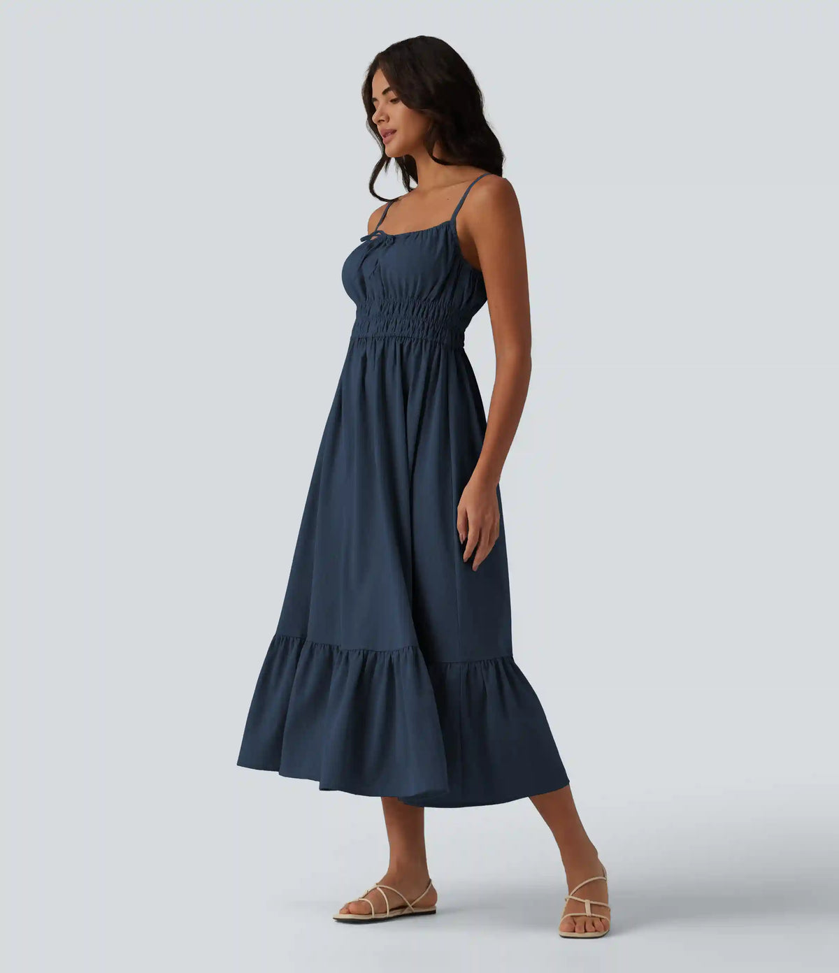 Tie Front Flowy Midi Casual Linen-Feel Slip Milkmaid Dress