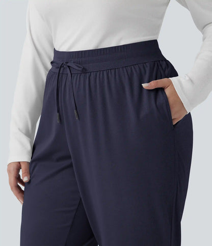 Plus Size Mid Rise Drawstring Curved Hem Quick Dry Golf Tapered Pants with Pockets-UPF40+